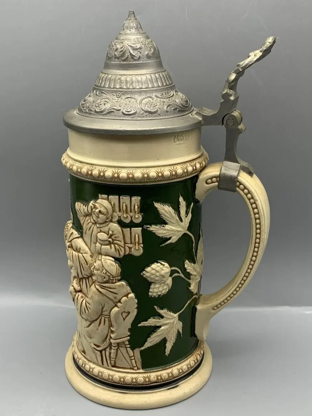 Vintage German Gestzlich Tavern Scene Stein with Pewter Hinged Lid